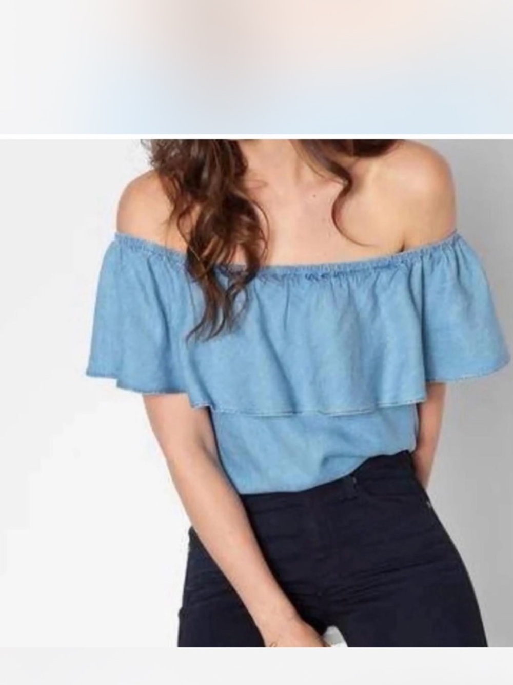 7 For All Mankind Off-Shoulder Chambray Ruffle Women's Top